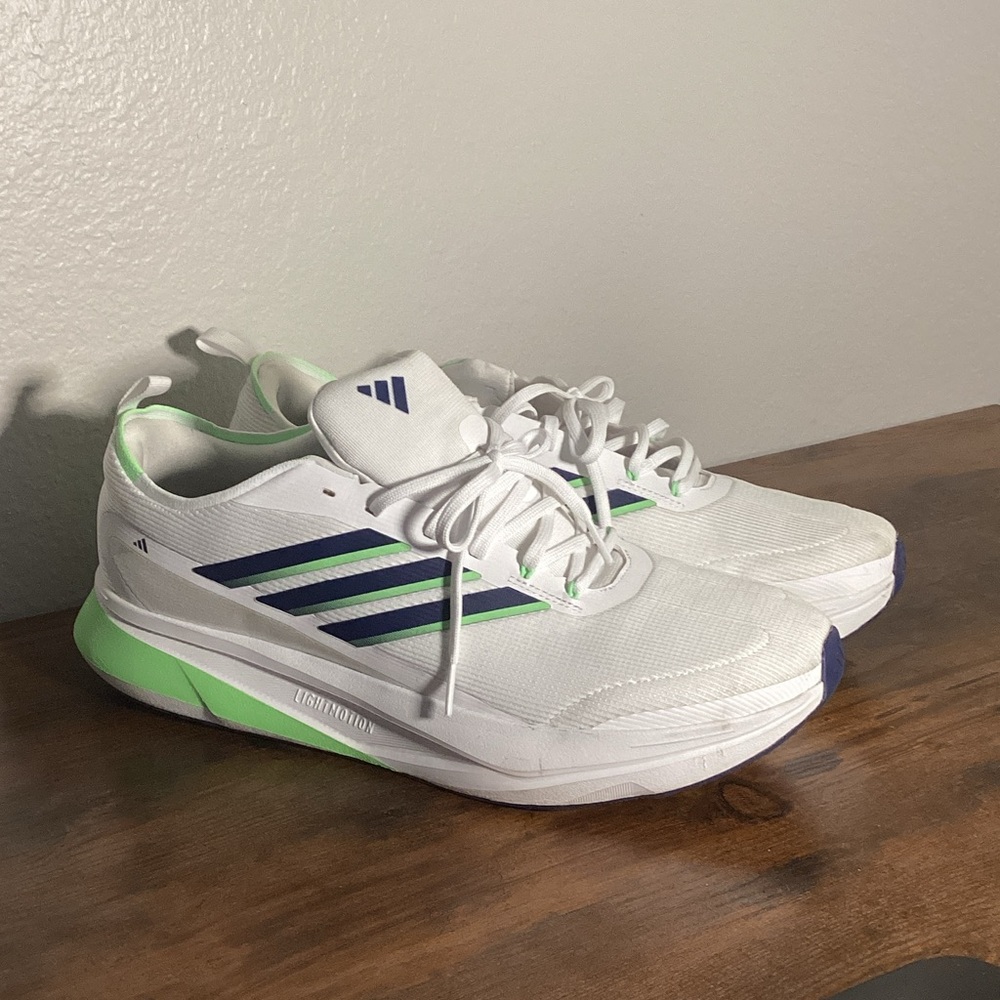 Adidas White Sneakers with Green and Blue Stripes